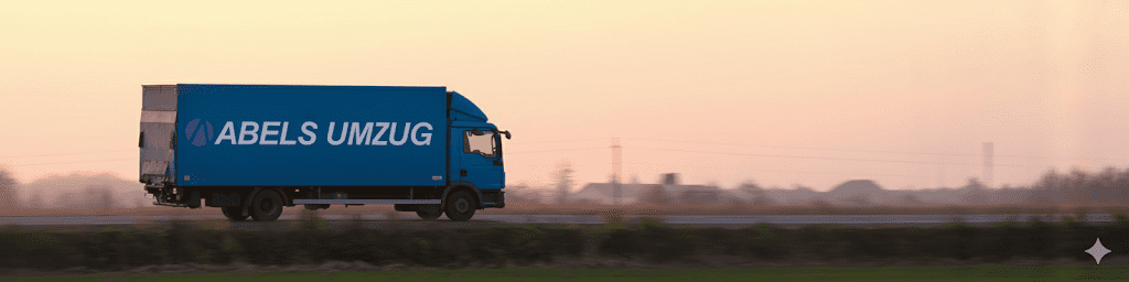 Ein LKW von der Umzugs Firma Abels fährt in der Abenddämmerung