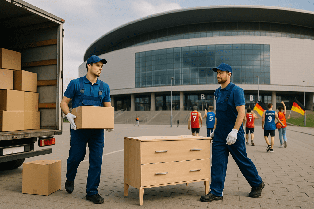 Umzug während der Basketball EM 2025 – Umzugshelfer vor Arena mit Möbeln und Umzugskarton